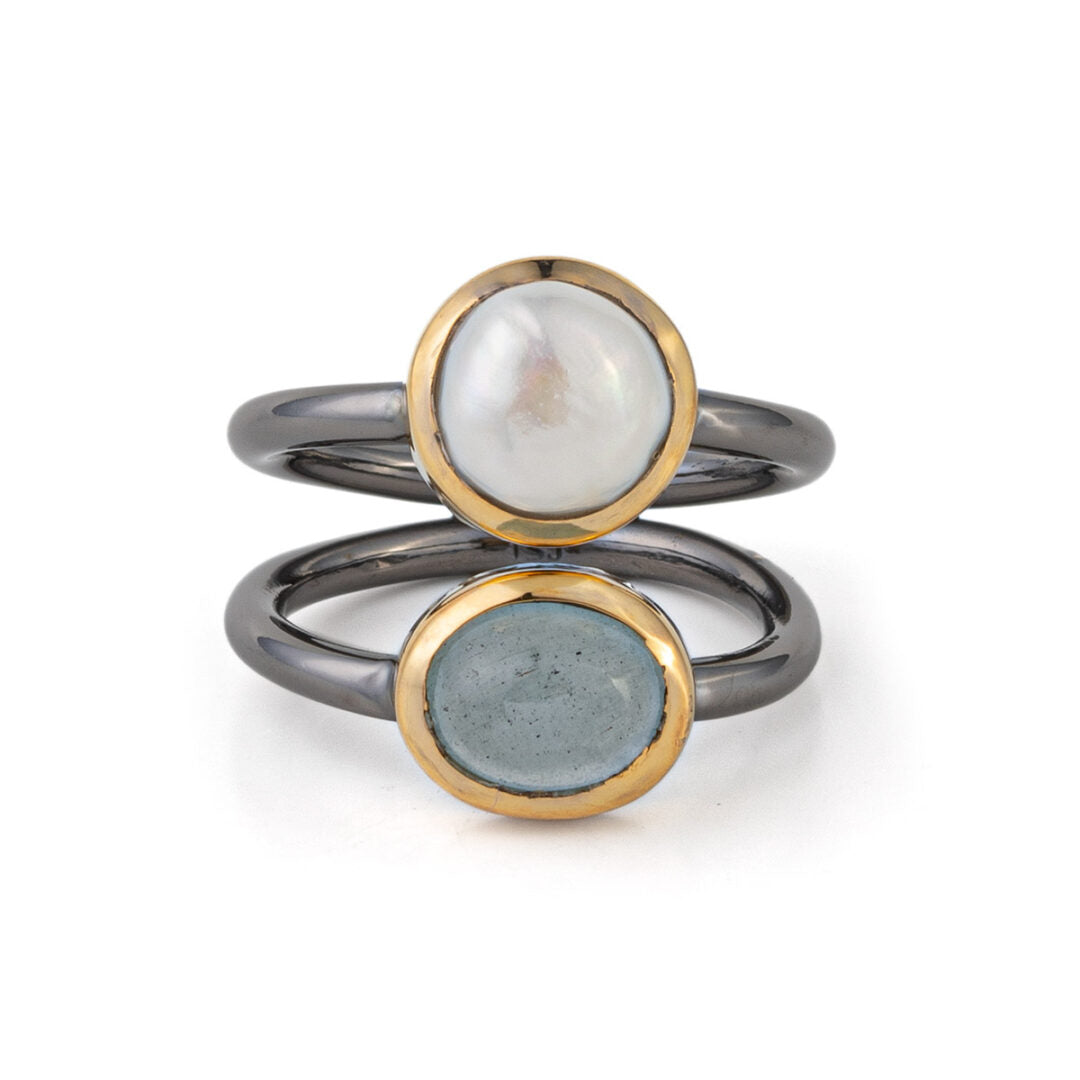 Δαχτυλίδι Aqua Marine και Pearl – Ασήμι 925 Επιχρυσωμένο