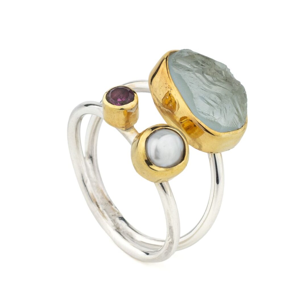 Aquamarine, Pearl & Tourmaline Ring in 925 Silver with Gold Plating