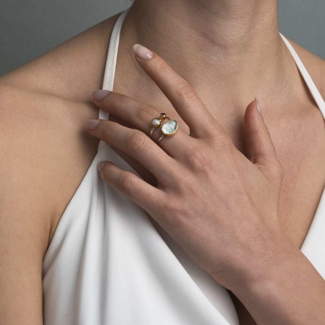 Aquamarine, Pearl & Tourmaline Ring in 925 Silver with Gold Plating