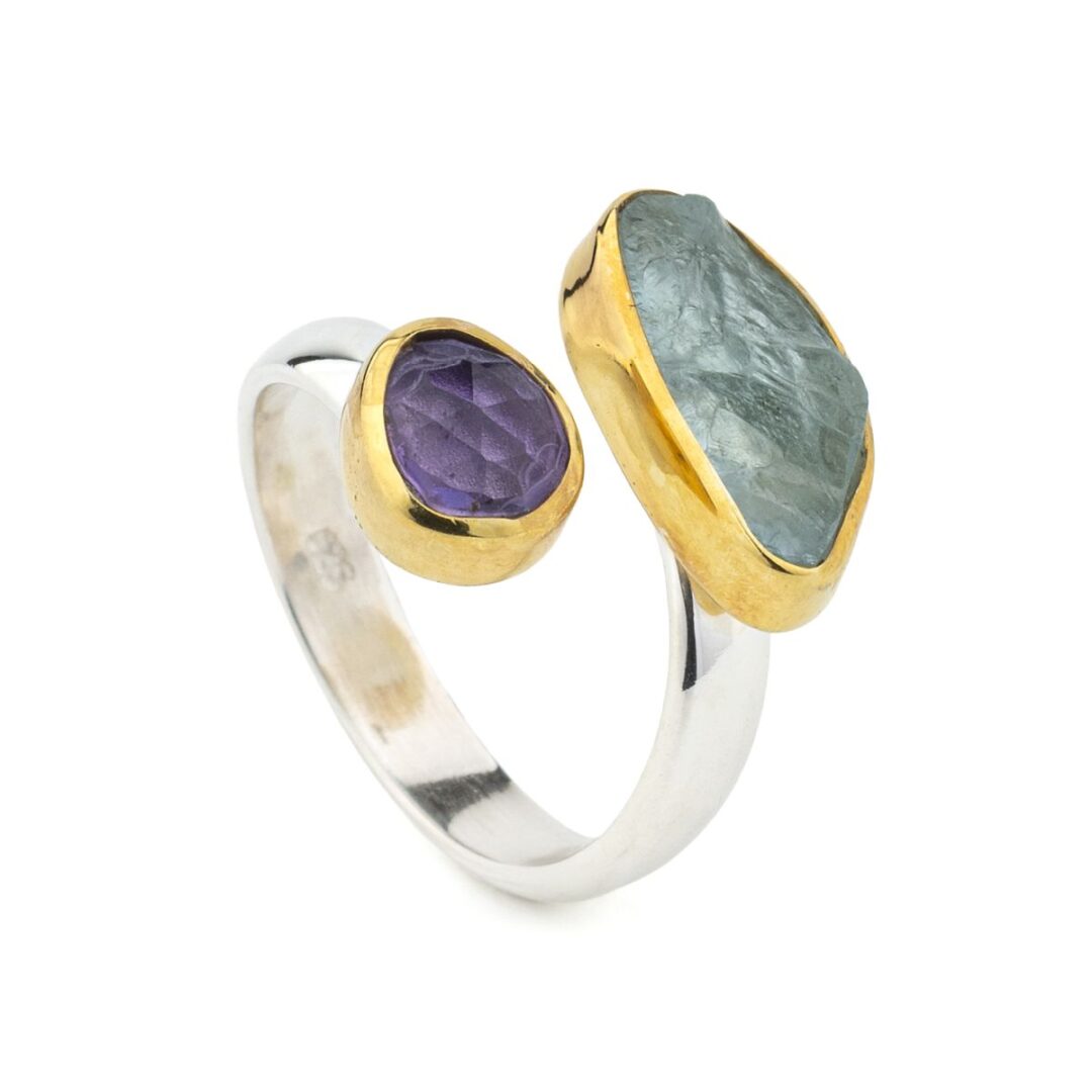 Aquamarine & Amethyst Ring in 925 Sterling Silver with Gold Plating