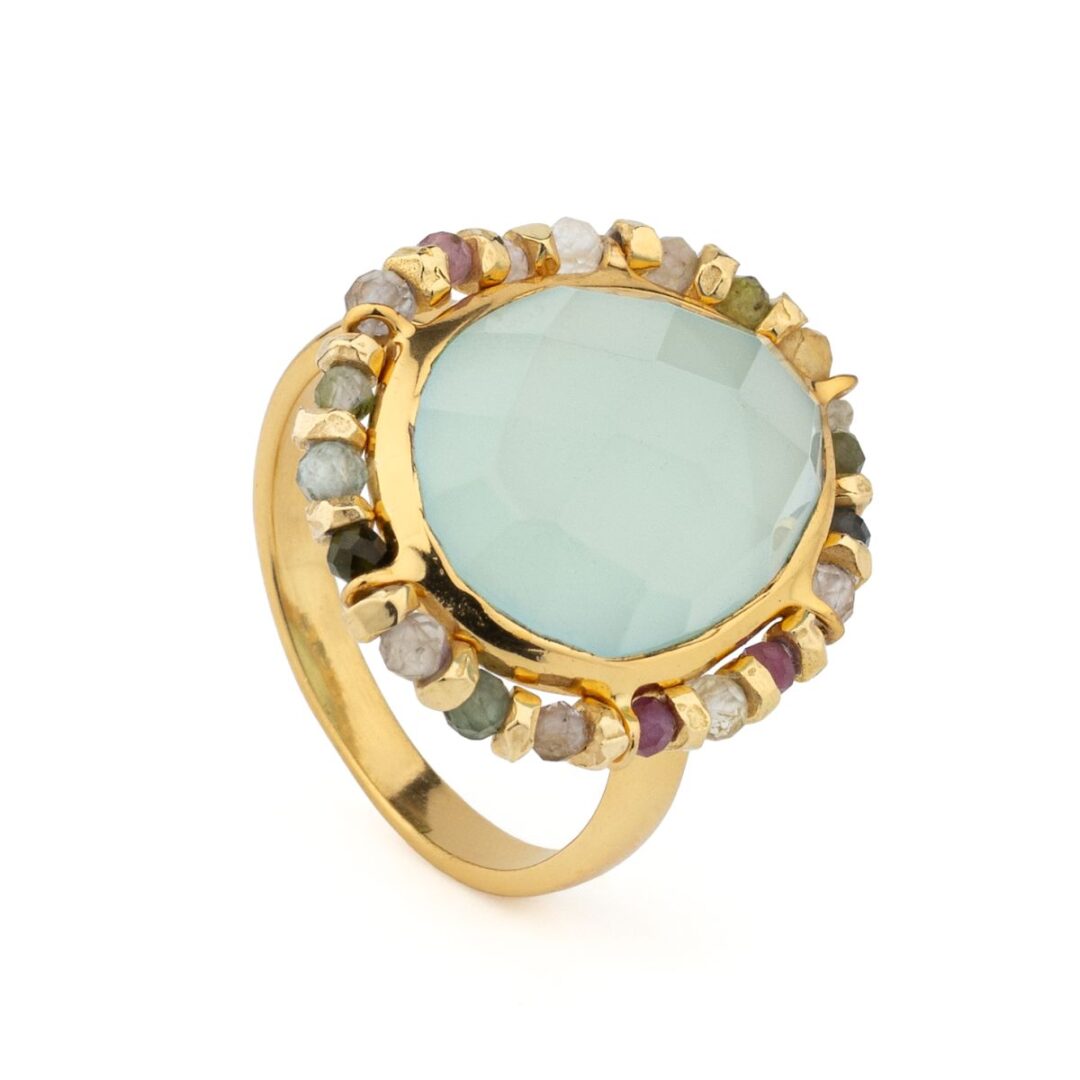 Gold-Plated 925 Sterling Silver Ring with Aqua Chalcedony and Multicolor Tourmalines