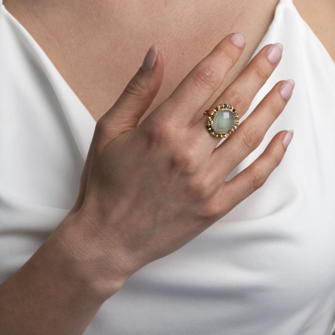 Gold-Plated 925 Sterling Silver Ring with Aqua Chalcedony and Multicolor Tourmalines