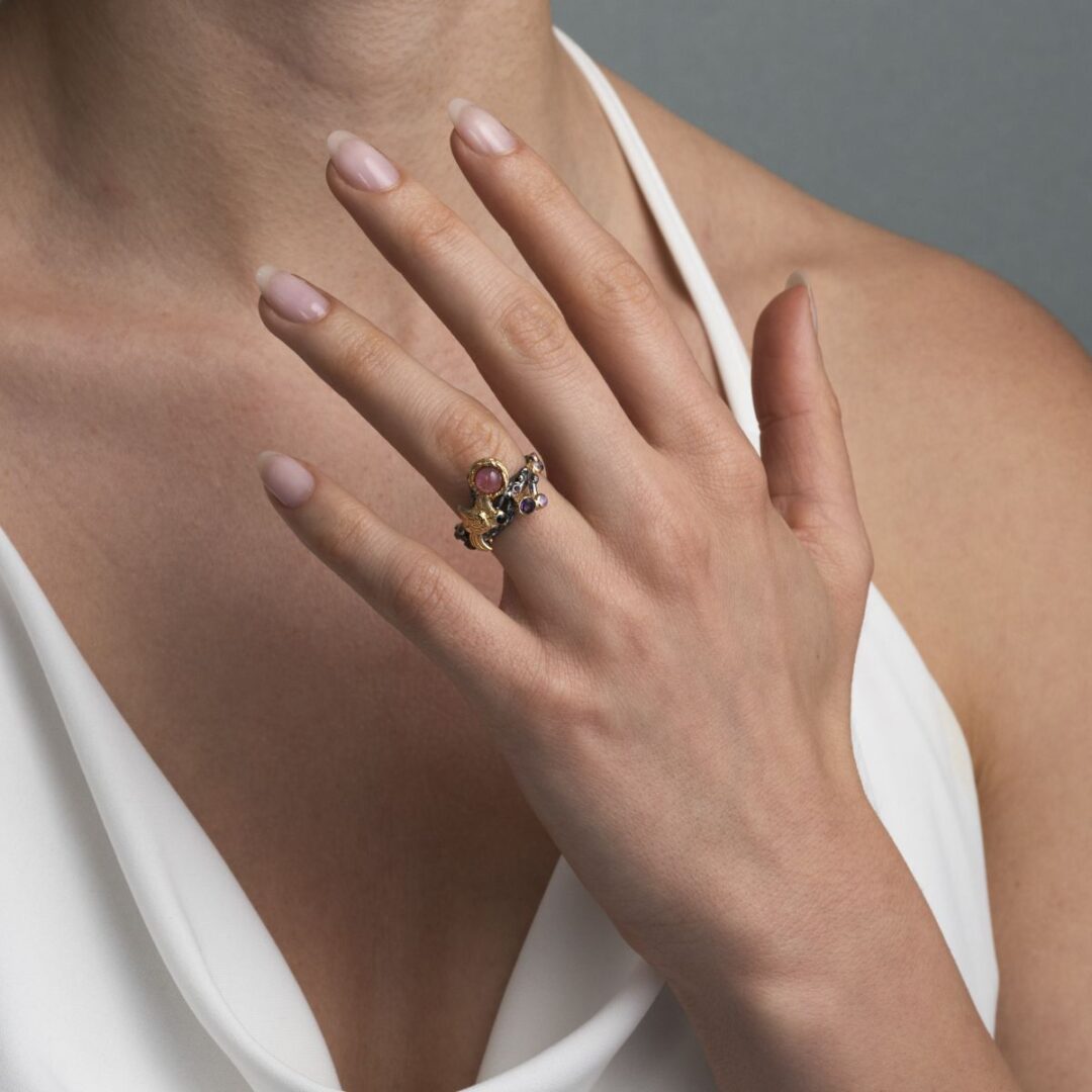 Tourmaline & Amethyst Ring in Gold-Plated and Oxidized 925 Sterling Silver