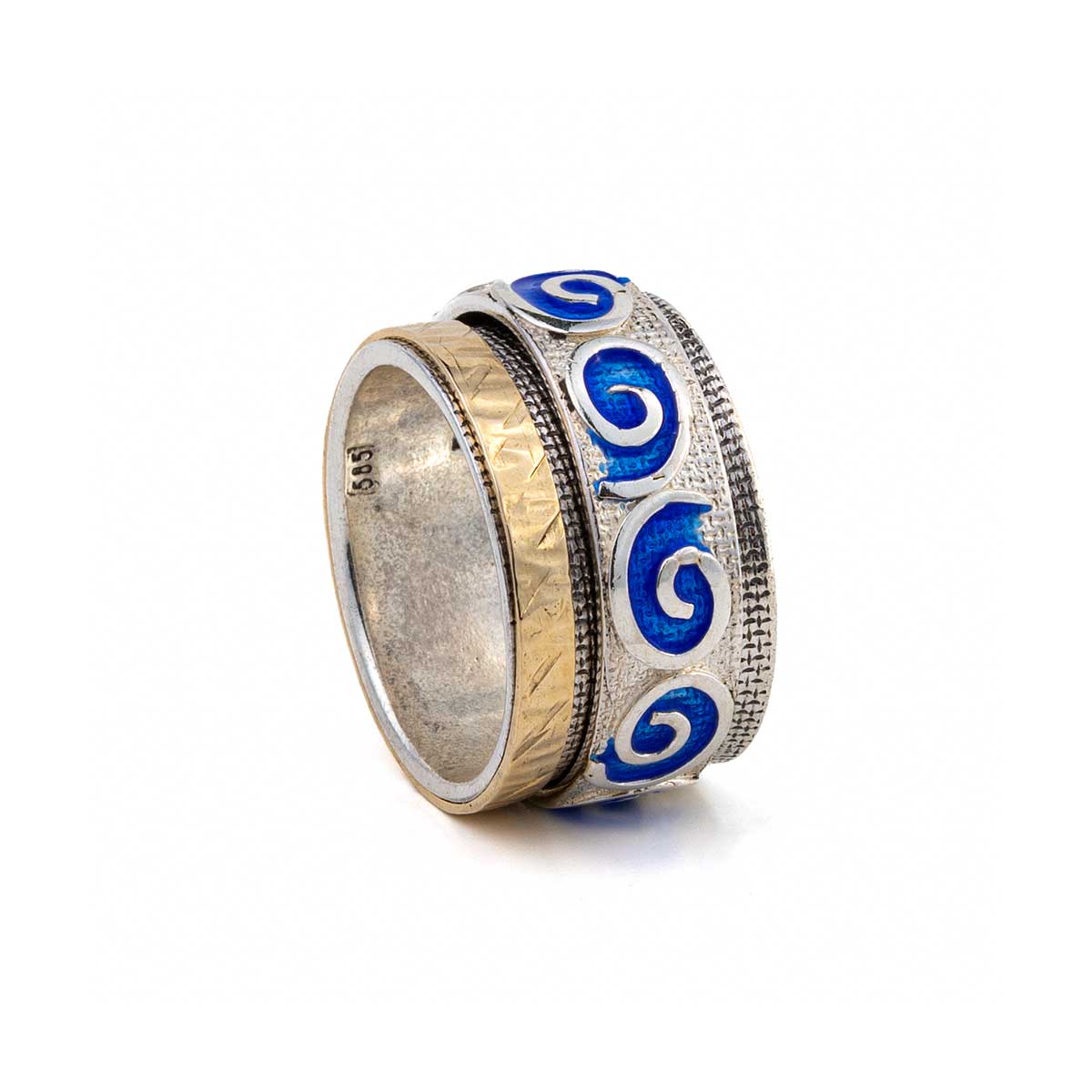 Blue Spirals Spinner Ring – 925 Sterling Silver and 14K Gold