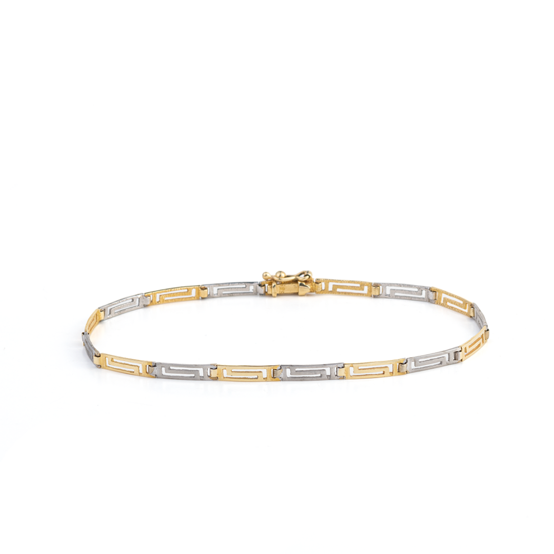 Greek Key Link Bracelet - 14K Yellow and White Gold