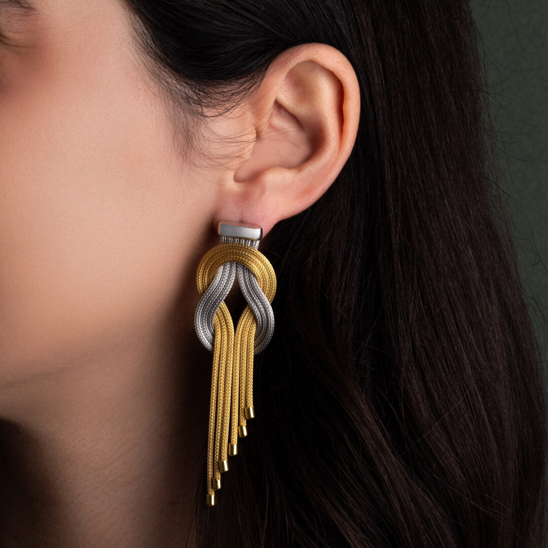 Two Tone Knot Chain Earrings - 925 Sterling Silver Gold Plated