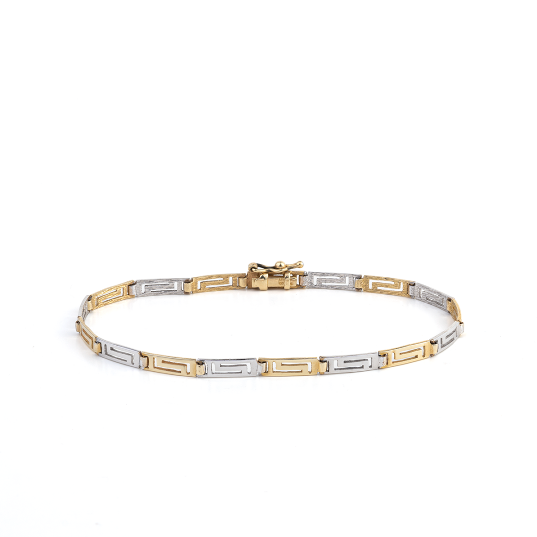 Greek Key Link Bracelet - 14K Yellow and White Gold