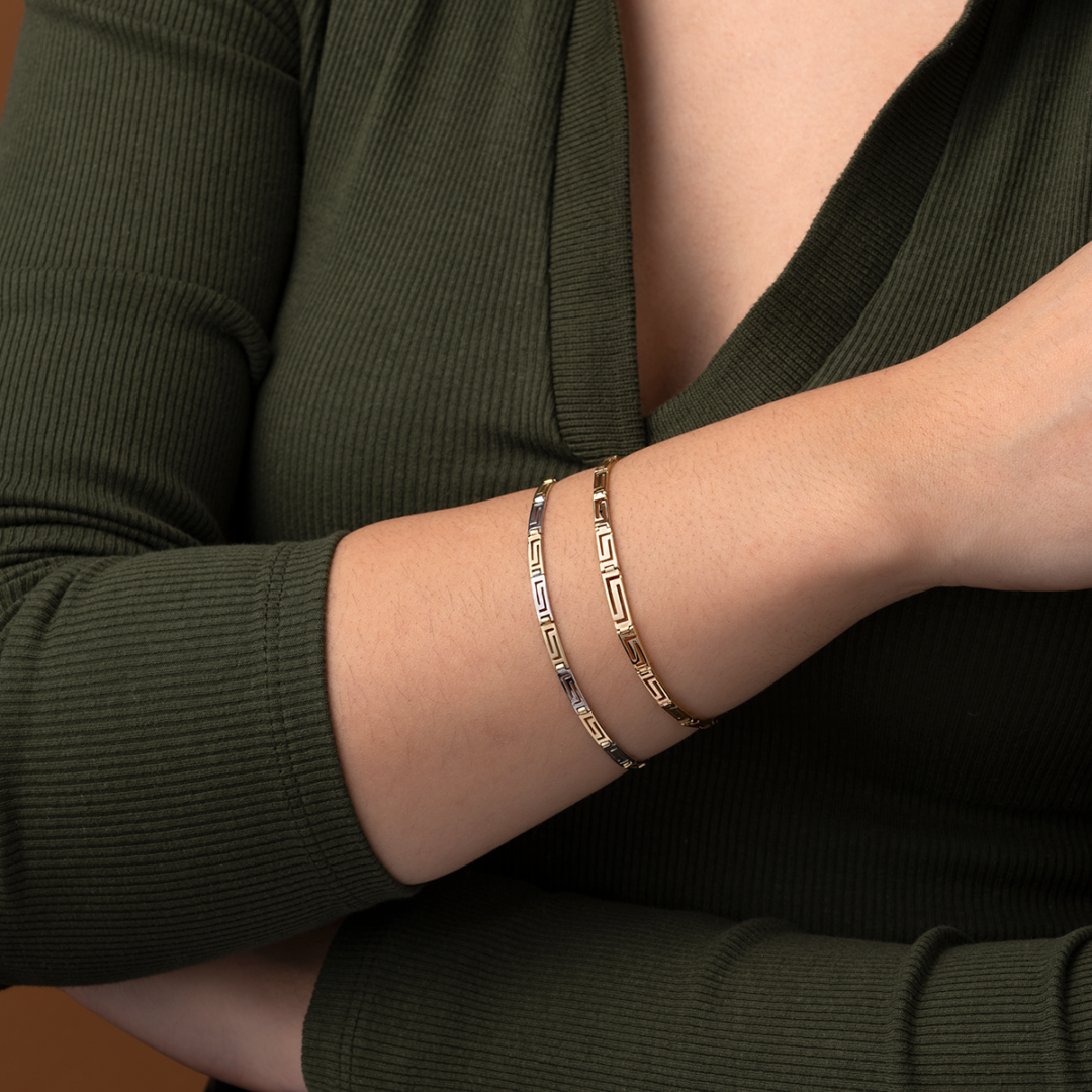 Greek Key Link Bracelet - 14K Yellow and White Gold