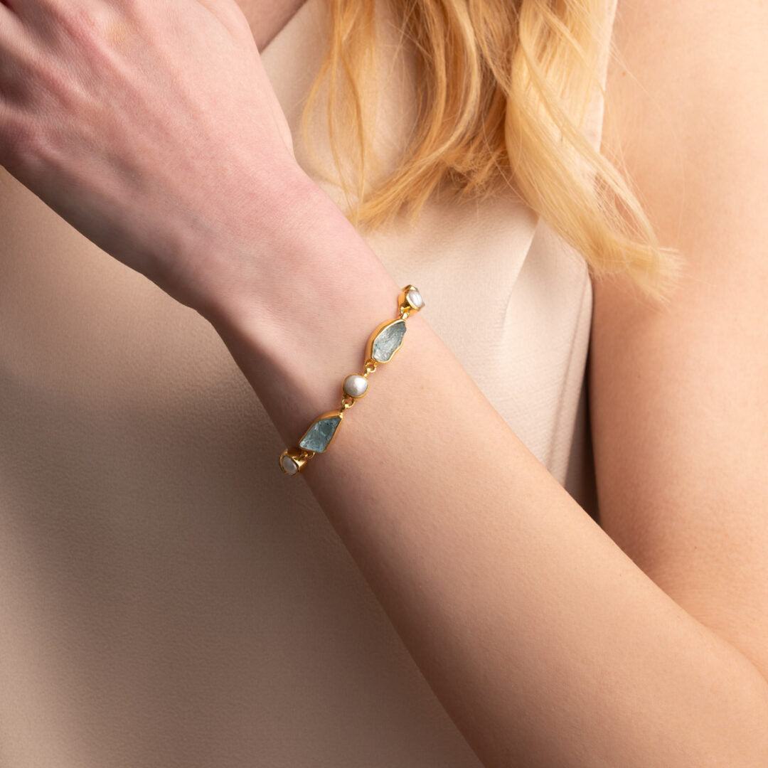 Raw Aquamarine & Pearl Stones in 925 Silver Gold Plated Bracelet