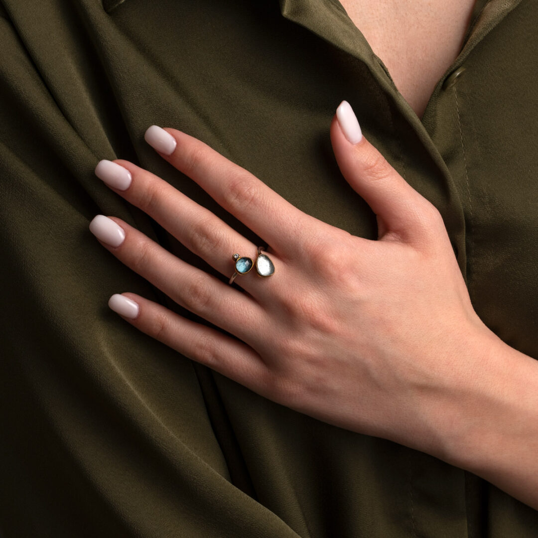 Open London Blue Topaz and Aquamarine Ring in 925 Silver Gold Plated