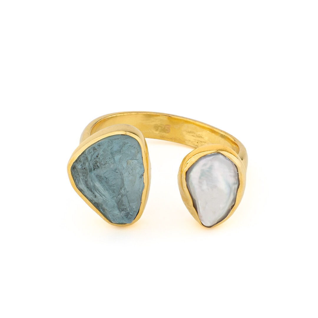 Open Pearl and Aquamarine Ring in 925 Silver Gold Plated