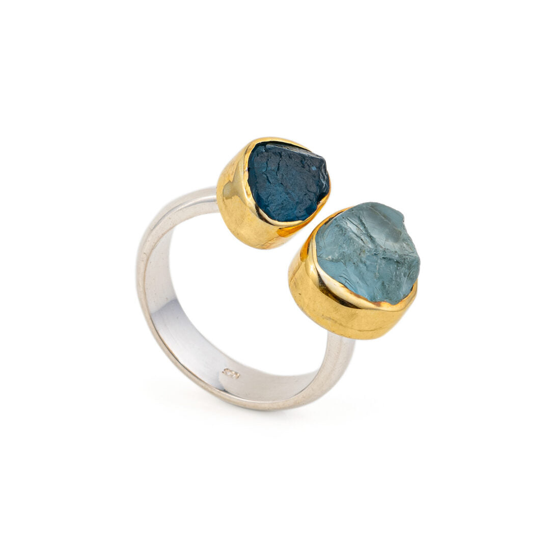 Apatite and Aquamarine Ring - 925 Sterling Silver and Gold Plated