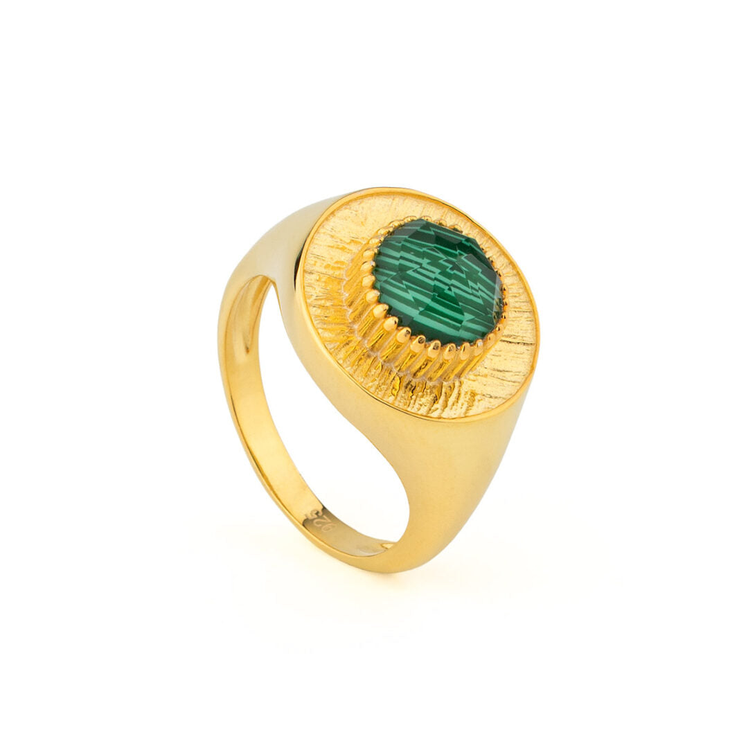 Round Malachite Ring in 925 Sterling Silver Gold Plated