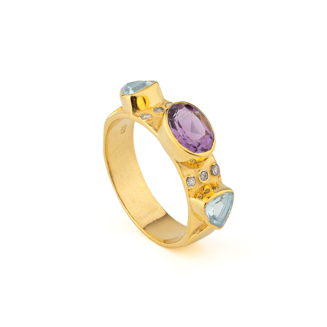 Three Stones & Zircon Ring in 925 Sterling Silver Gold Plated