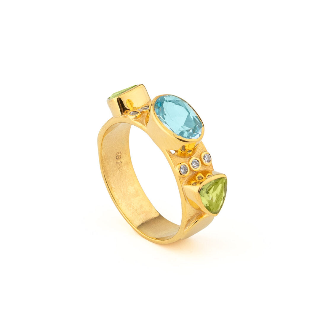 Three Stones & Zircon Ring in 925 Sterling Silver Gold Plated