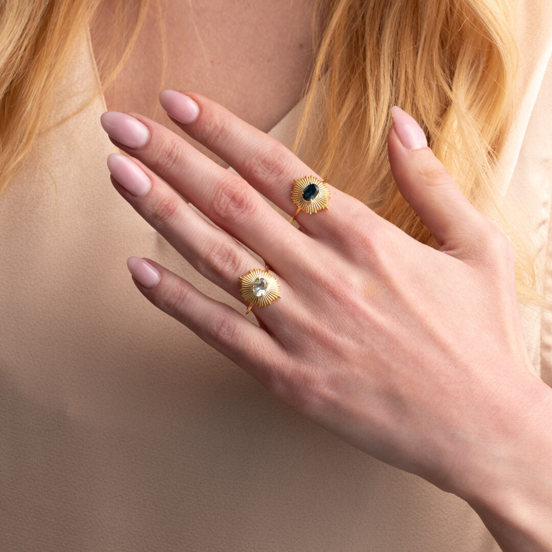 925 Silver Gold Plated Hexagon Ring with Gemstone