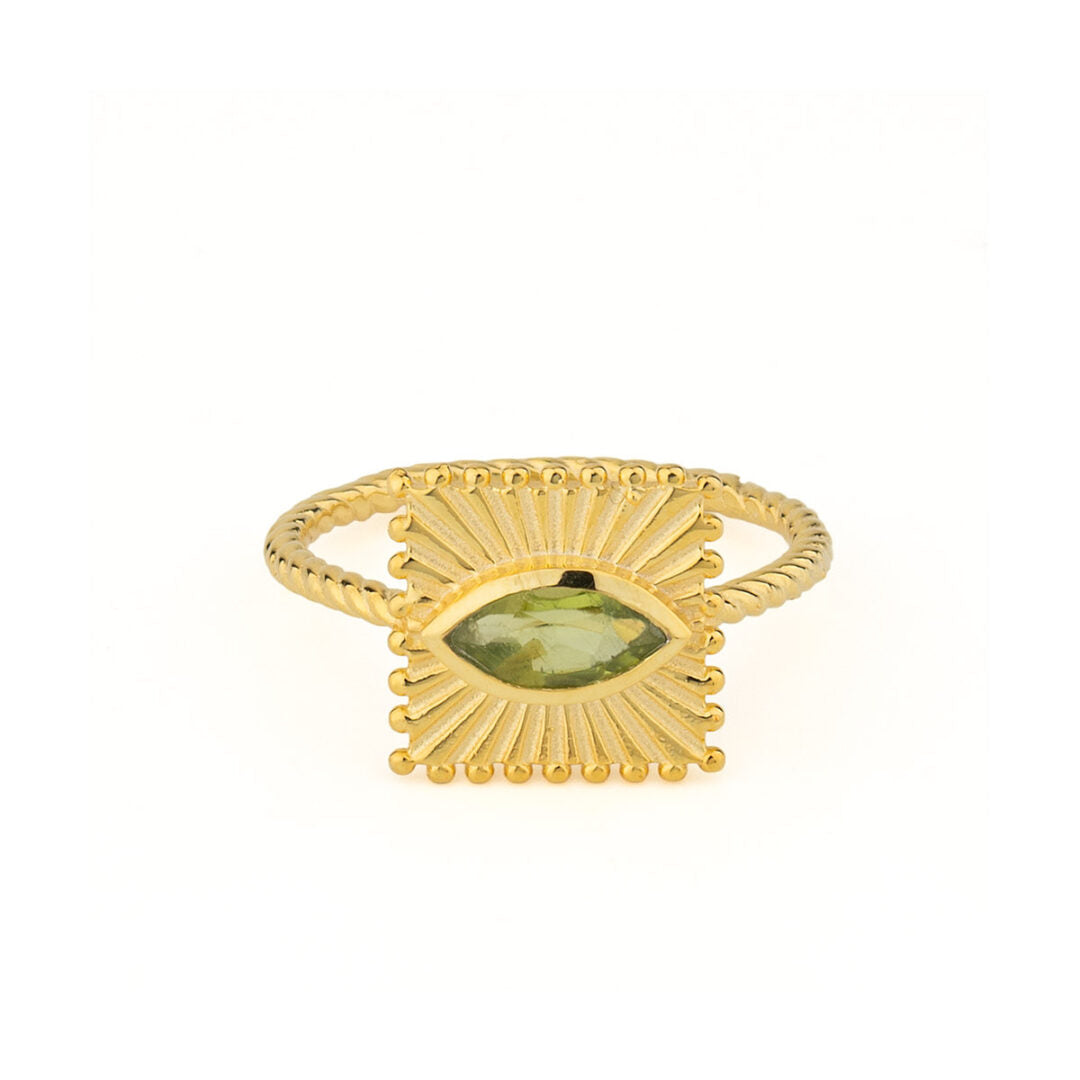 Engraved Plate & Navette Evil Eye Stone Ring in 925 Silver 18K Gold Plated