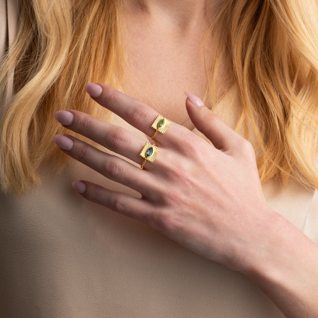 Engraved Plate & Navette Evil Eye Stone Ring in 925 Silver 18K Gold Plated