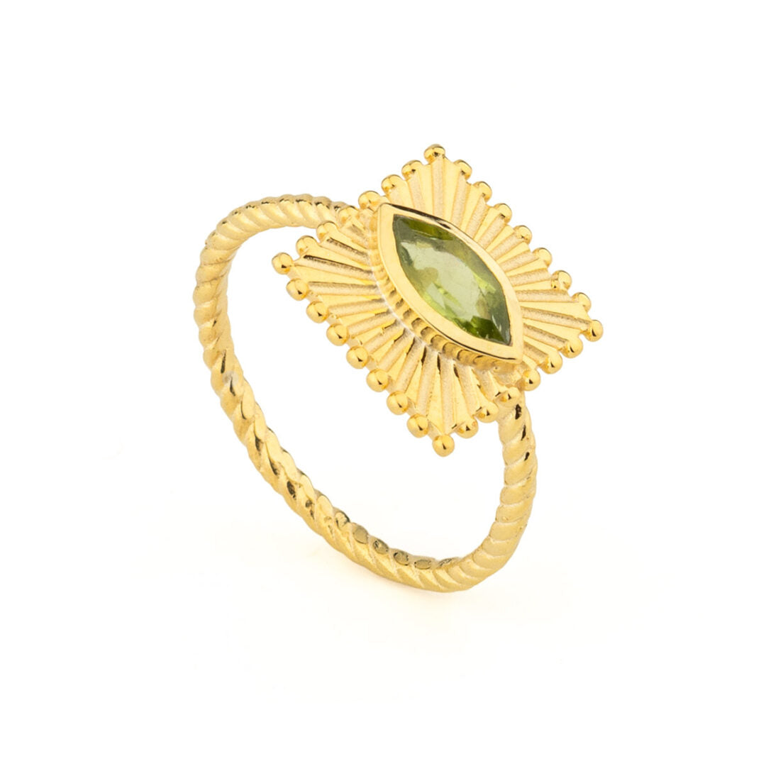 Engraved Plate & Navette Evil Eye Stone Ring in 925 Silver 18K Gold Plated
