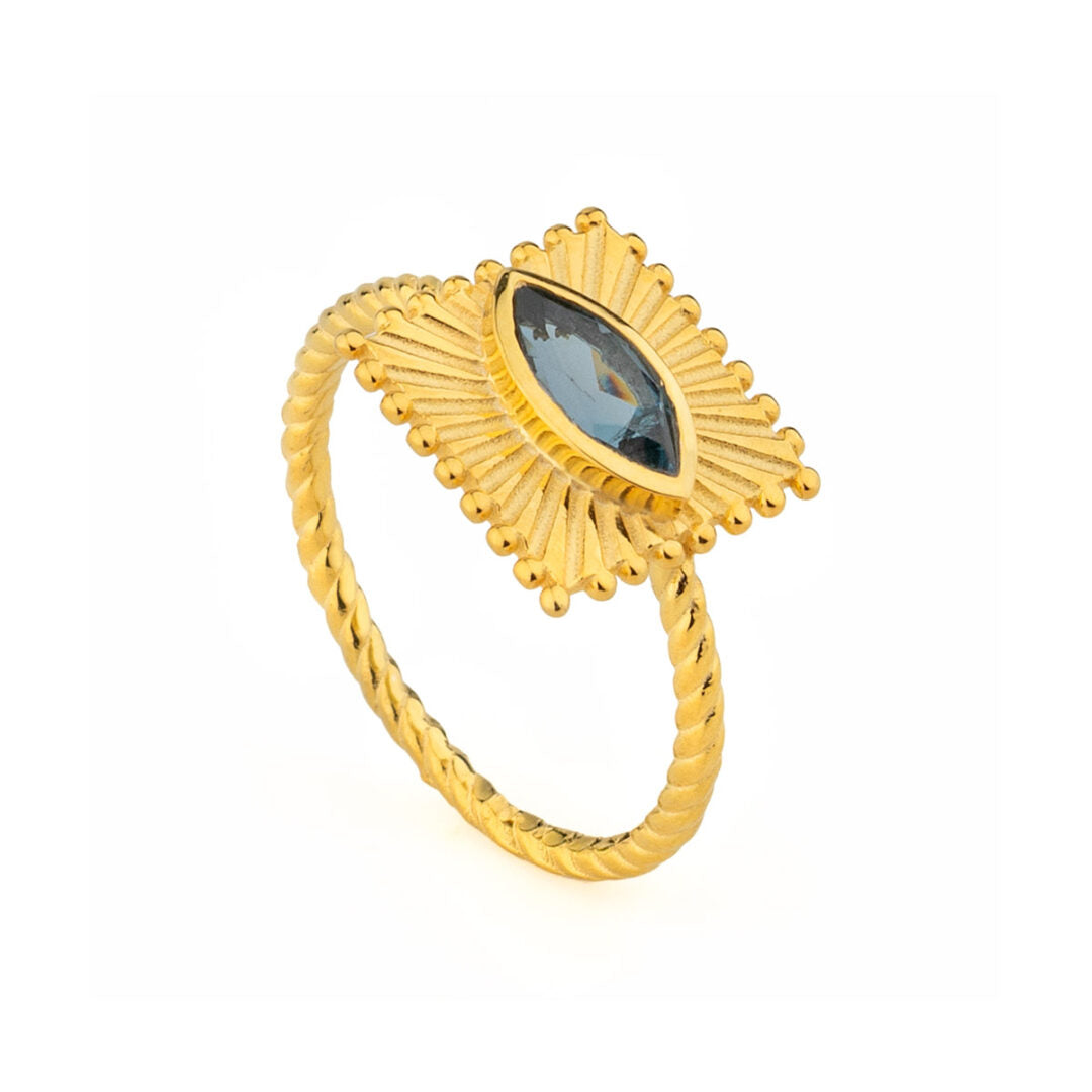 Engraved Plate & Navette Evil Eye Stone Ring in 925 Silver 18K Gold Plated