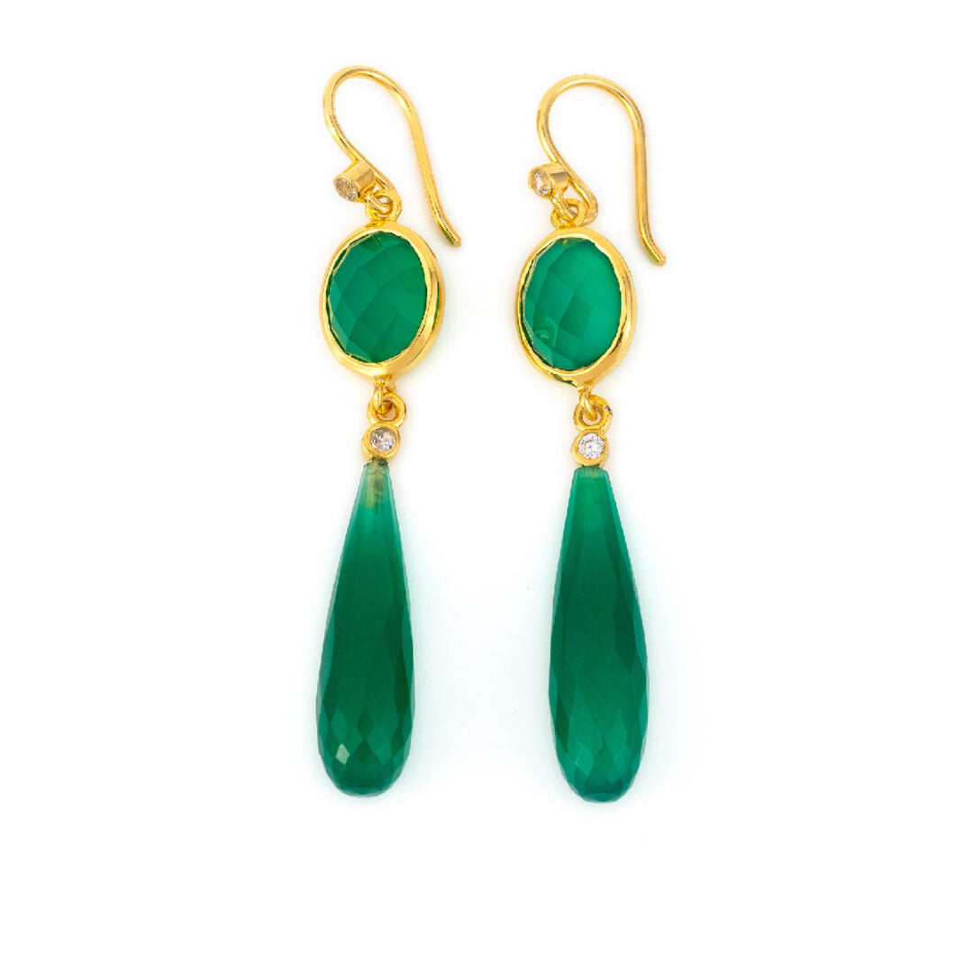 Green Chalcedony Dangle Earrings - Sterling Silver and Gold Plated