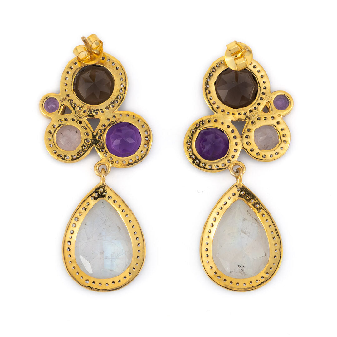 Dangle Multi Stone Earrings ~ Moonstone & Amethyst & Smoked Quartz