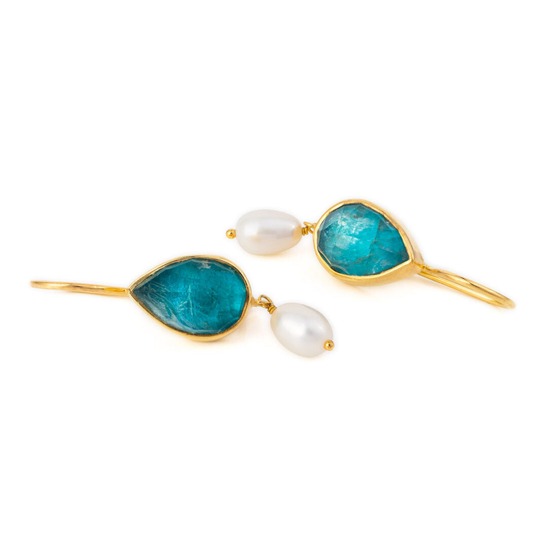 Sterling Silver Gold Plated Apatite Doublet Dangle Earrings with Pearl