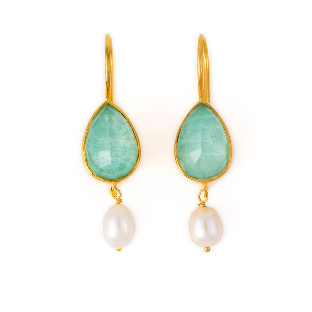 Sterling Silver Gold Plated Amazonite Doublet Earrings with Pearl