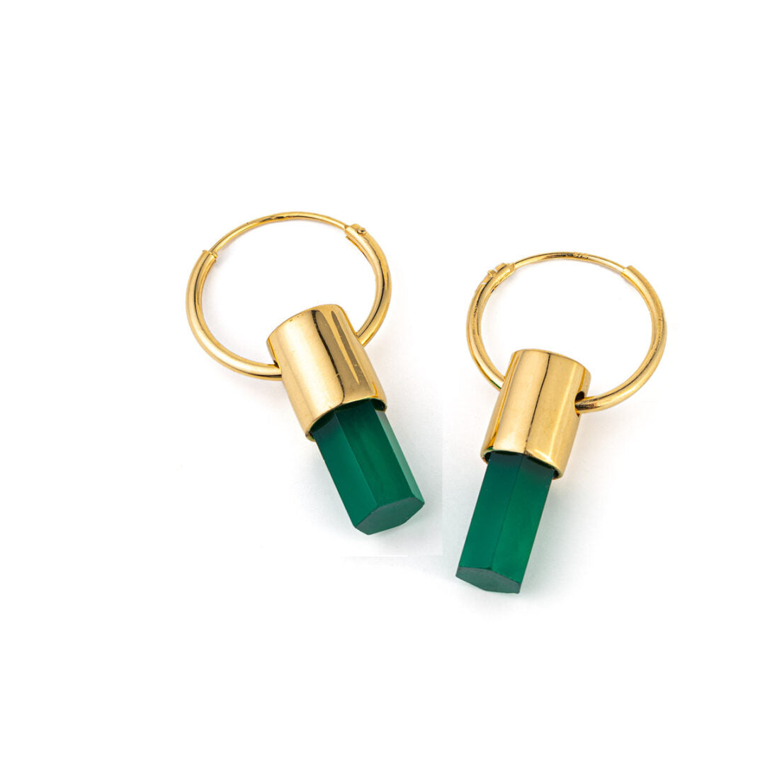 Green Onyx Hoop Earrings - 925 Sterling Silver and Gold Plated