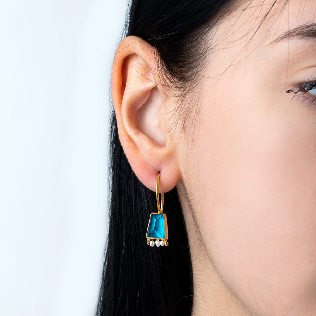 Pariba and Pearl Earrings - 925 Sterling Silver and Gold Plated