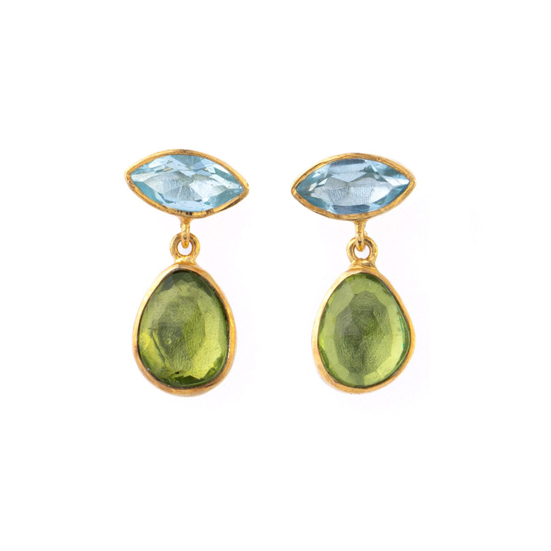 Aquamarine and Peridot Dangle Earrings - 925 Sterling Silver and Gold Plated