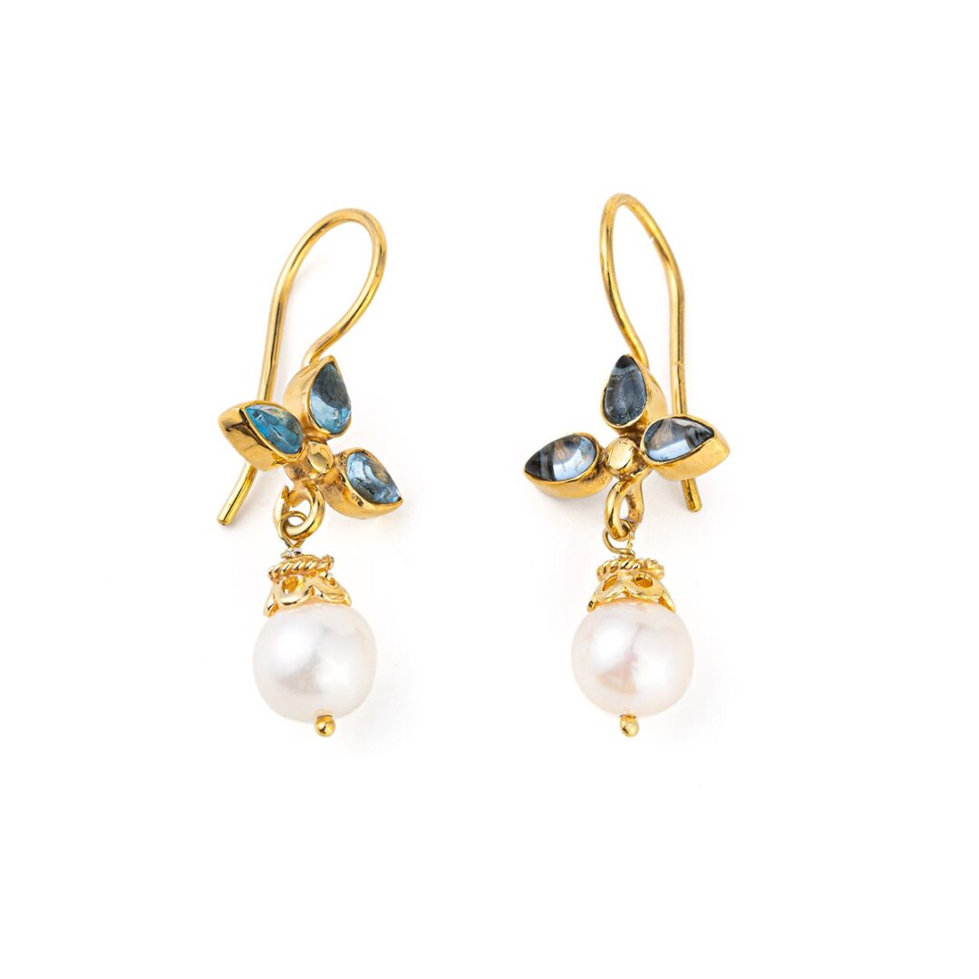 Blue Topaz n Pearl Flower Earrings - 925 Sterling Silver and Gold Plated