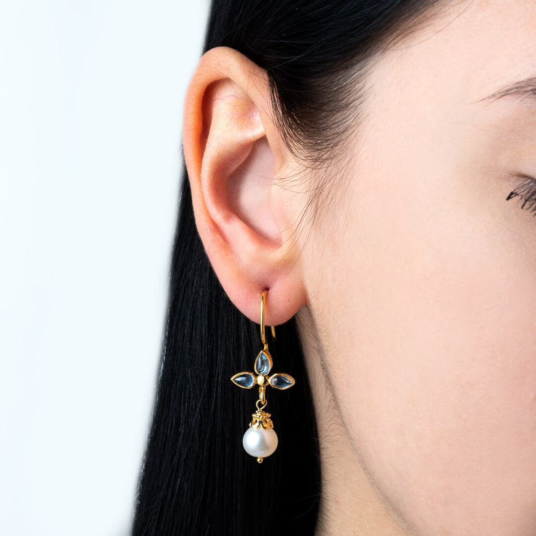 Blue Topaz n Pearl Flower Earrings - 925 Sterling Silver and Gold Plated