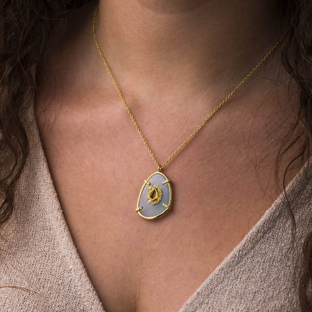 Aqua Chalcedony Stone Necklace - Sterling Silver and Gold Plated