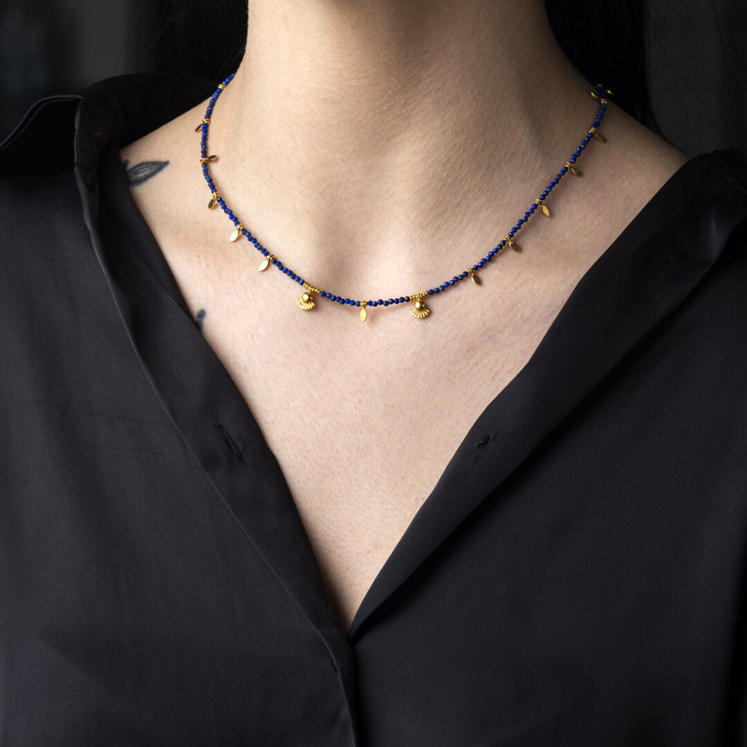 925 Sterling Silver and Gold Plated Necklace with Lapis Lazuli Beads