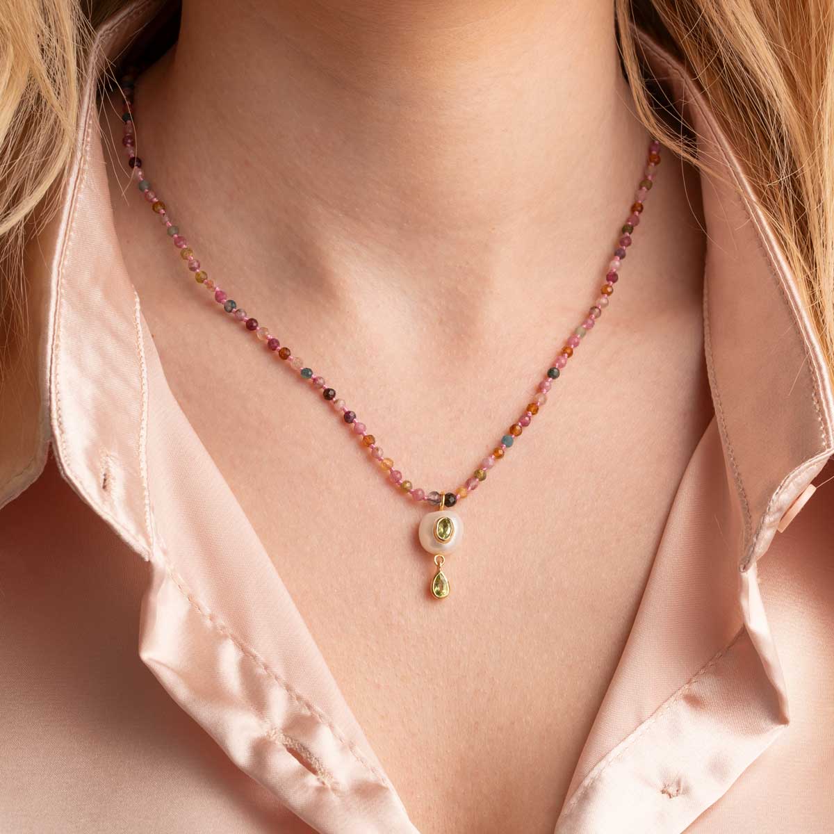 Pearl Tourmaline Beads Necklace in 925 Sterling Silver Gold Plated