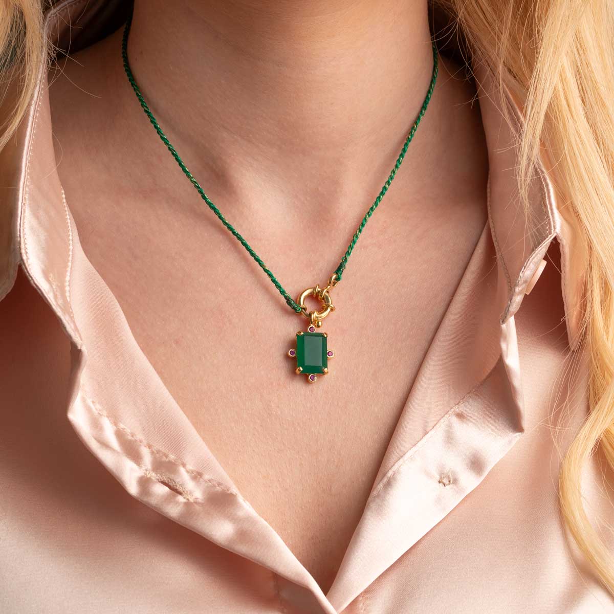 Green Onyx Necklace in 925 Sterling Silver Gold Plated