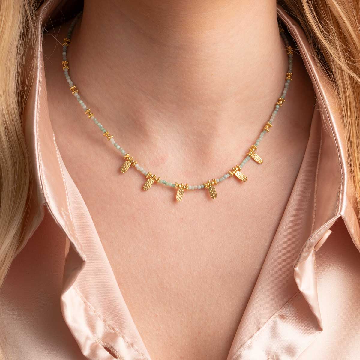 Amazonite Beads Necklace in 925 Sterling Silver Gold Plated