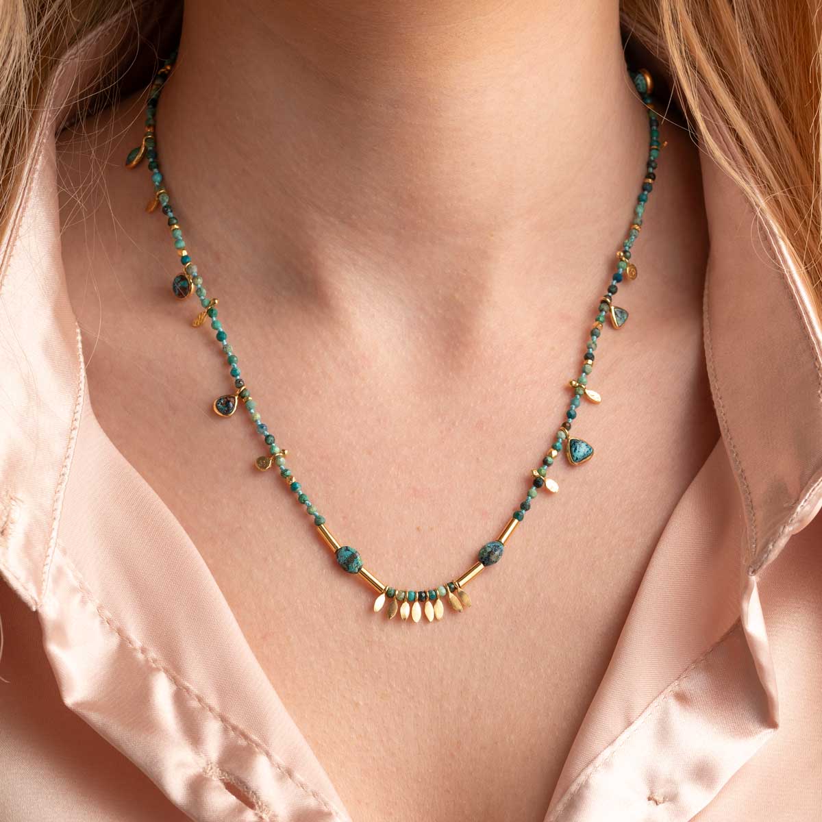 Turquoise Beads Necklace in 925 Sterling Silver 18K Gold Plating