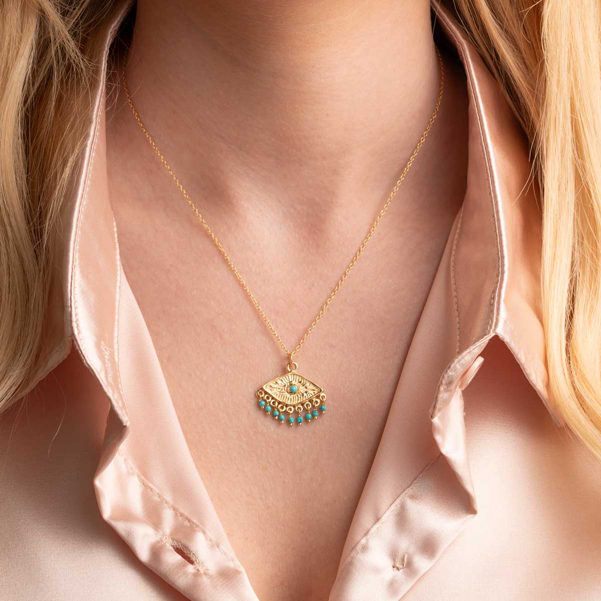 Turquoise Good Luck Eye Necklace in 925 Sterling Silver Gold Plated