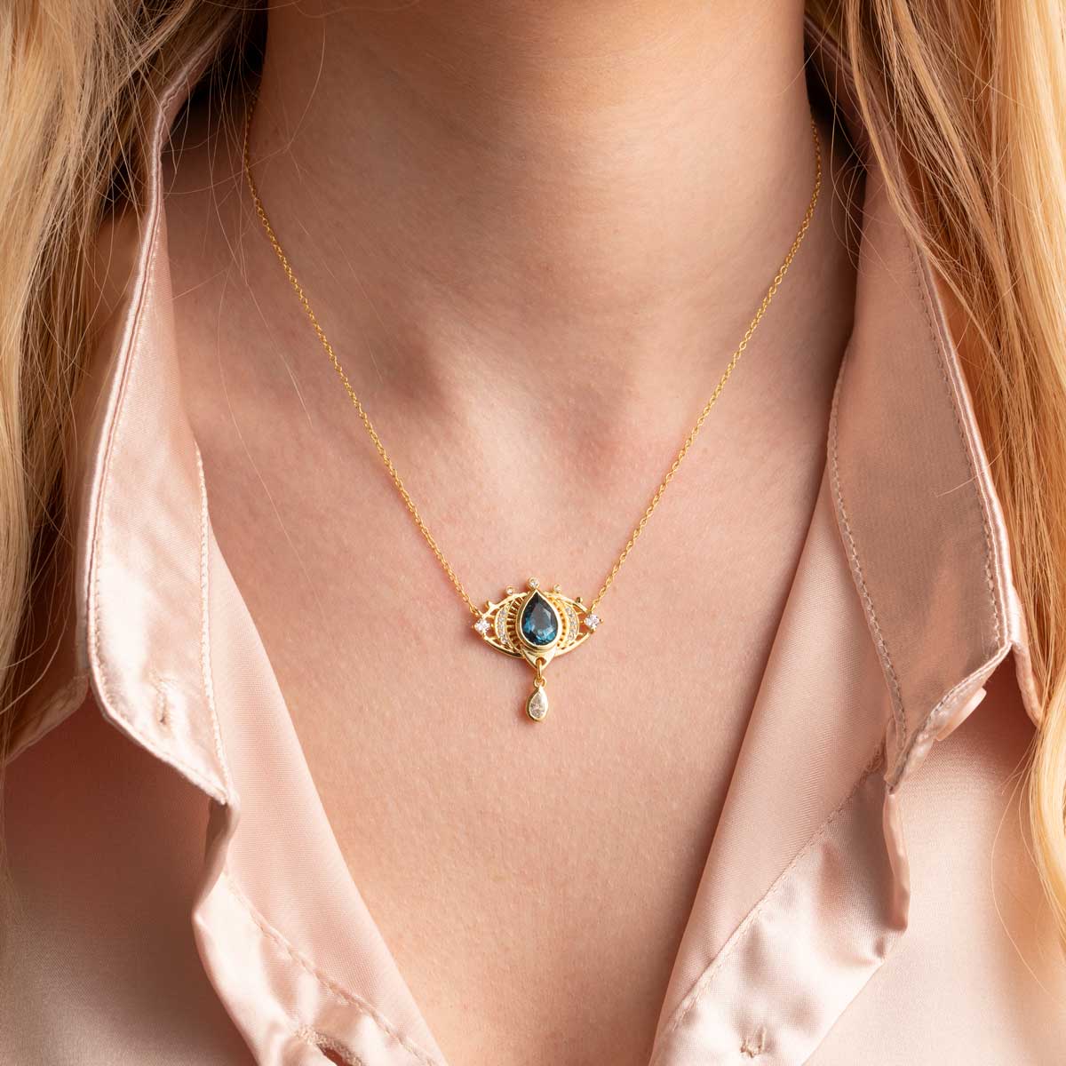 London Blue Topaz Eye Necklace in 925 Sterling Silver 18K Gold Plating