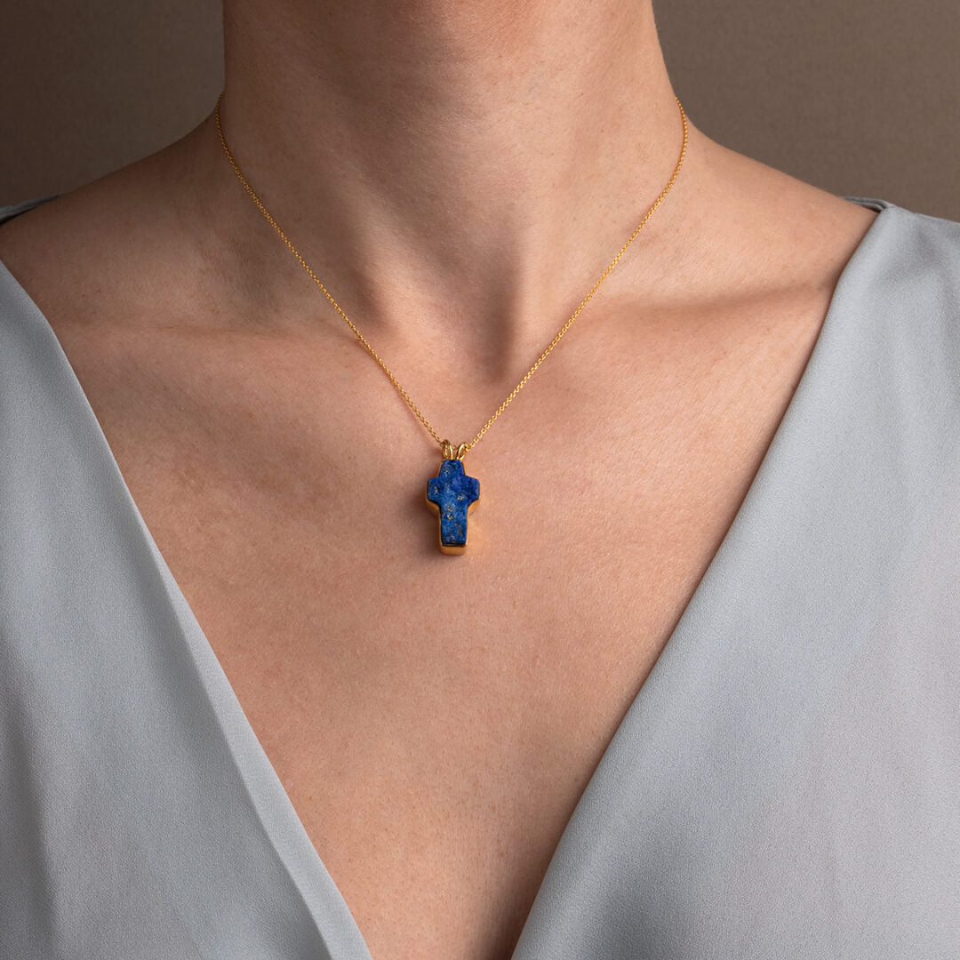 Lapis Cross Necklace - 925 Sterling Silver and Gold Plated