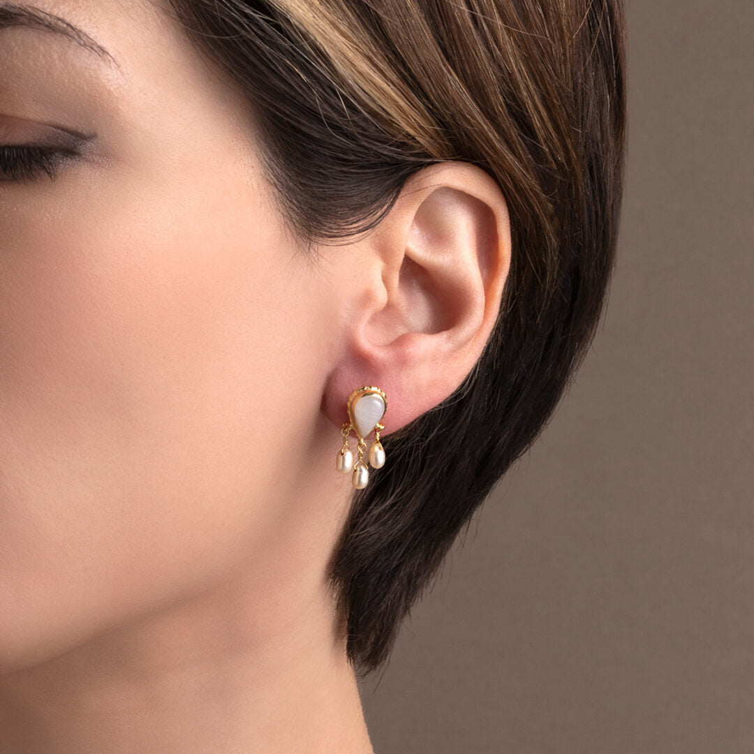 Moonstone and Pearl Dangle Earrings - 925 Sterling Silver and Gold Plated