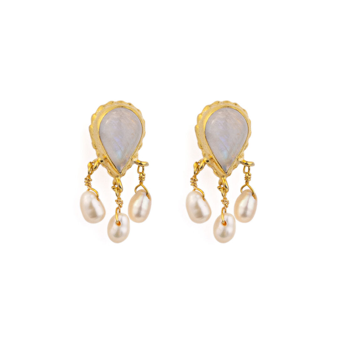 Moonstone and Pearl Dangle Earrings - 925 Sterling Silver and Gold Plated