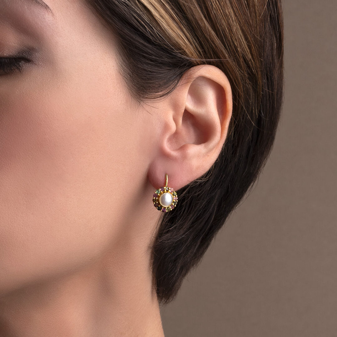 Tourmaline and Pearl Round Earrings - 925 Sterling Silver and Gold Plated