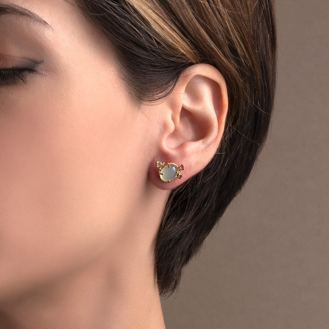 Aqua Chalcedony Stud Earrings - 925 Sterling Silver and Gold Plated