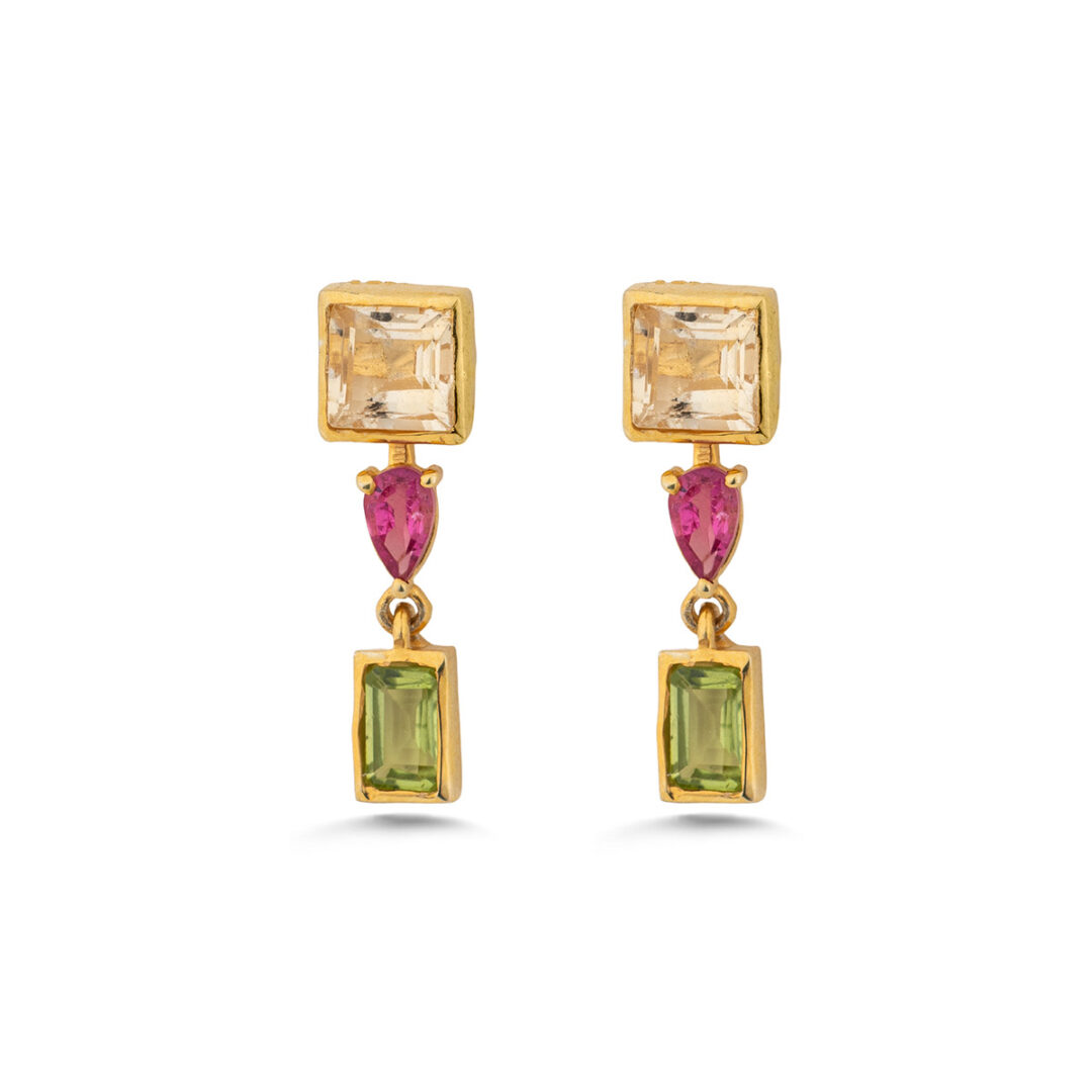 Citrin Tourmaline and Peridot Drop Earrings in 925 Silver Gold Plated