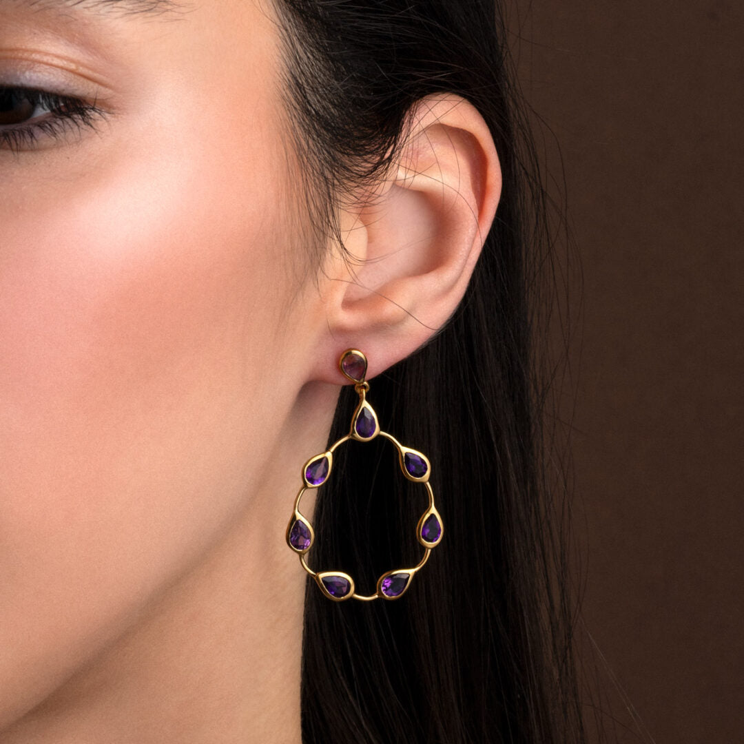 Amethyst Dangling Earrings - Sterling Silver 925 Gold Plated