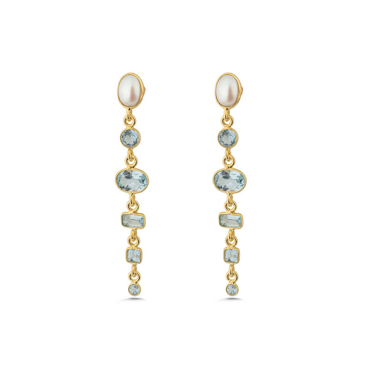 Pearl Blue Topaz & Green Onyx Dangle Earrings in Gold Plating