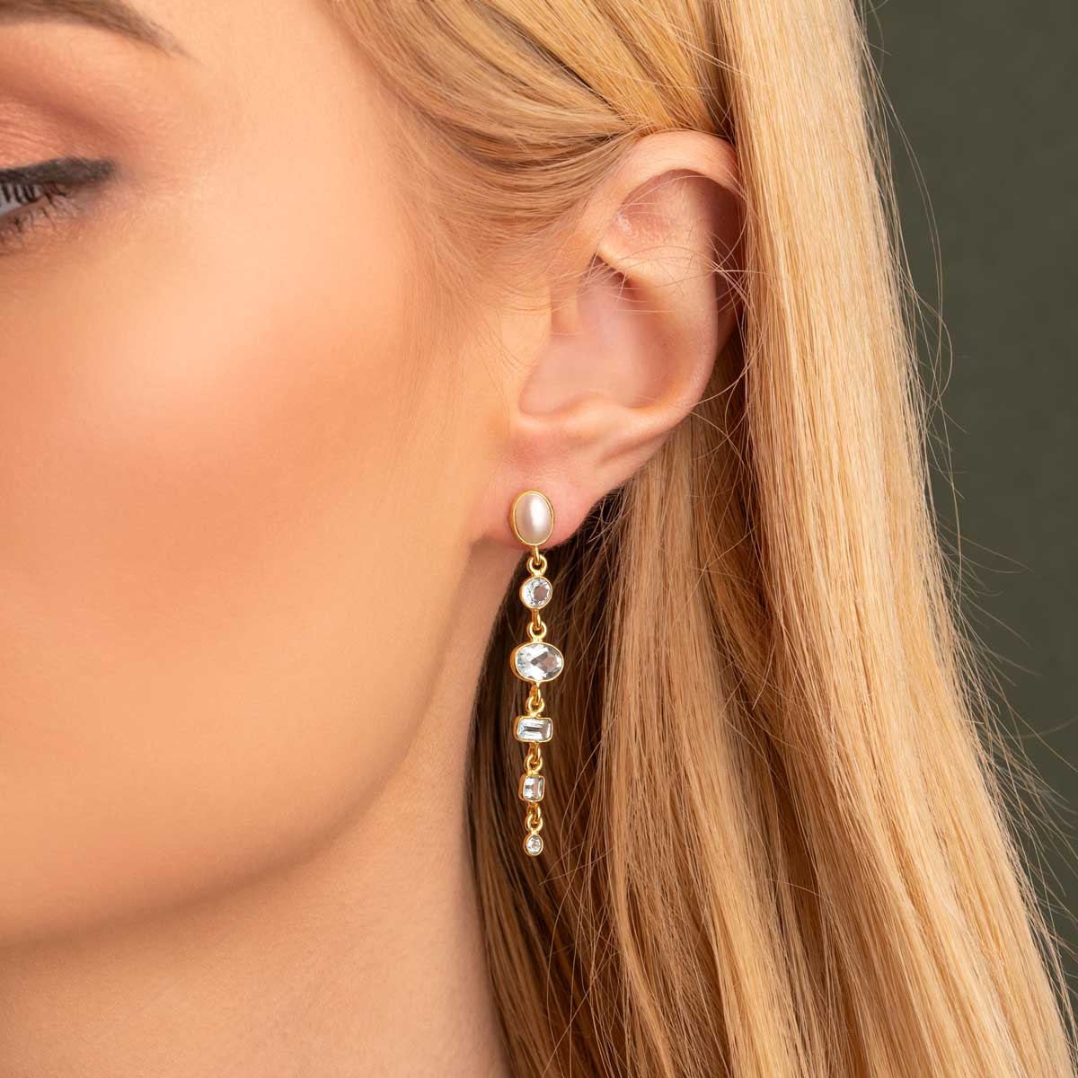 Pearl Blue Topaz & Green Onyx Dangle Earrings in Gold Plating